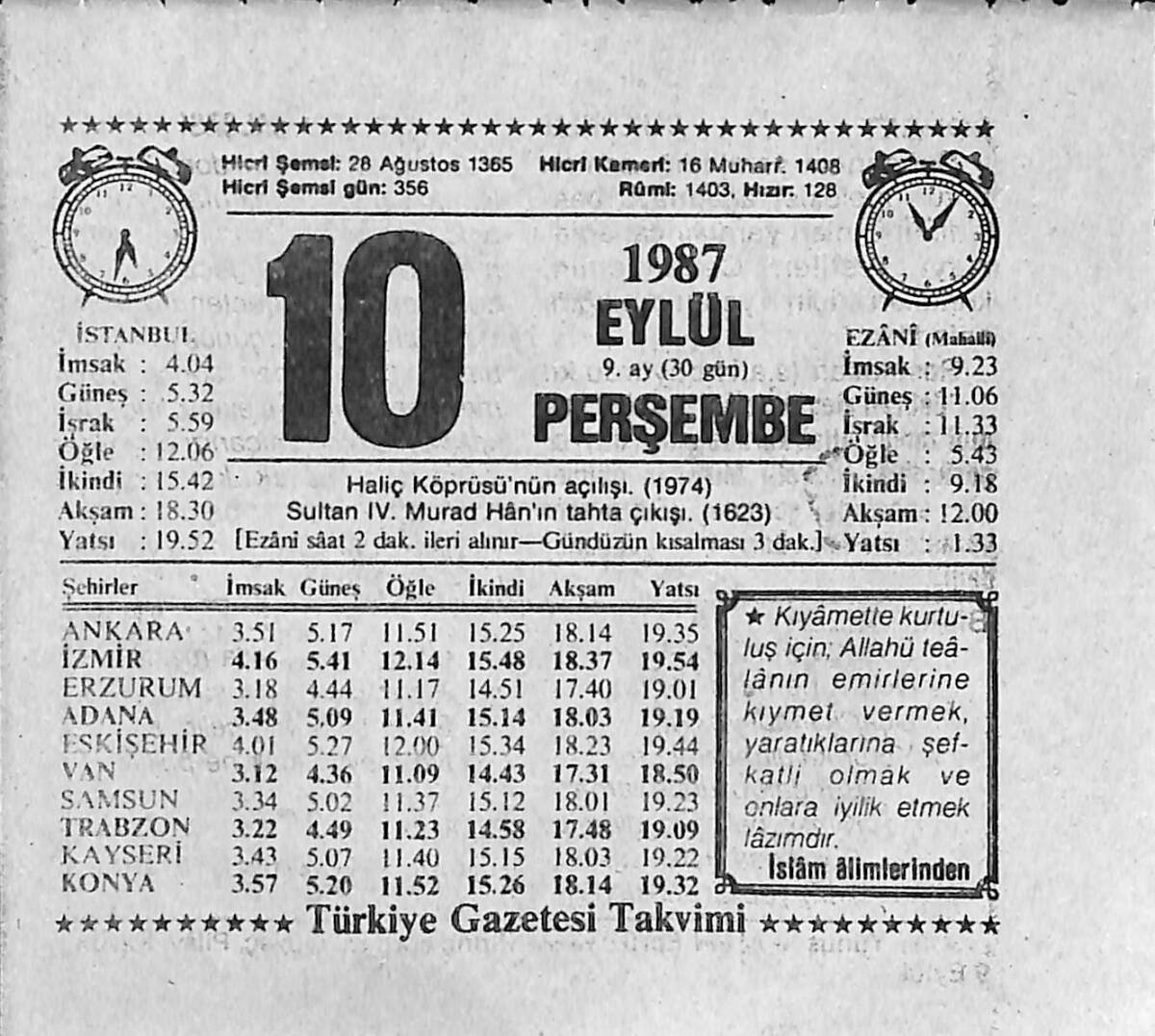10 Eylül 1987 Takvim Yaprağı - Doğum Günü Hediyesi EFMN13945 - 1