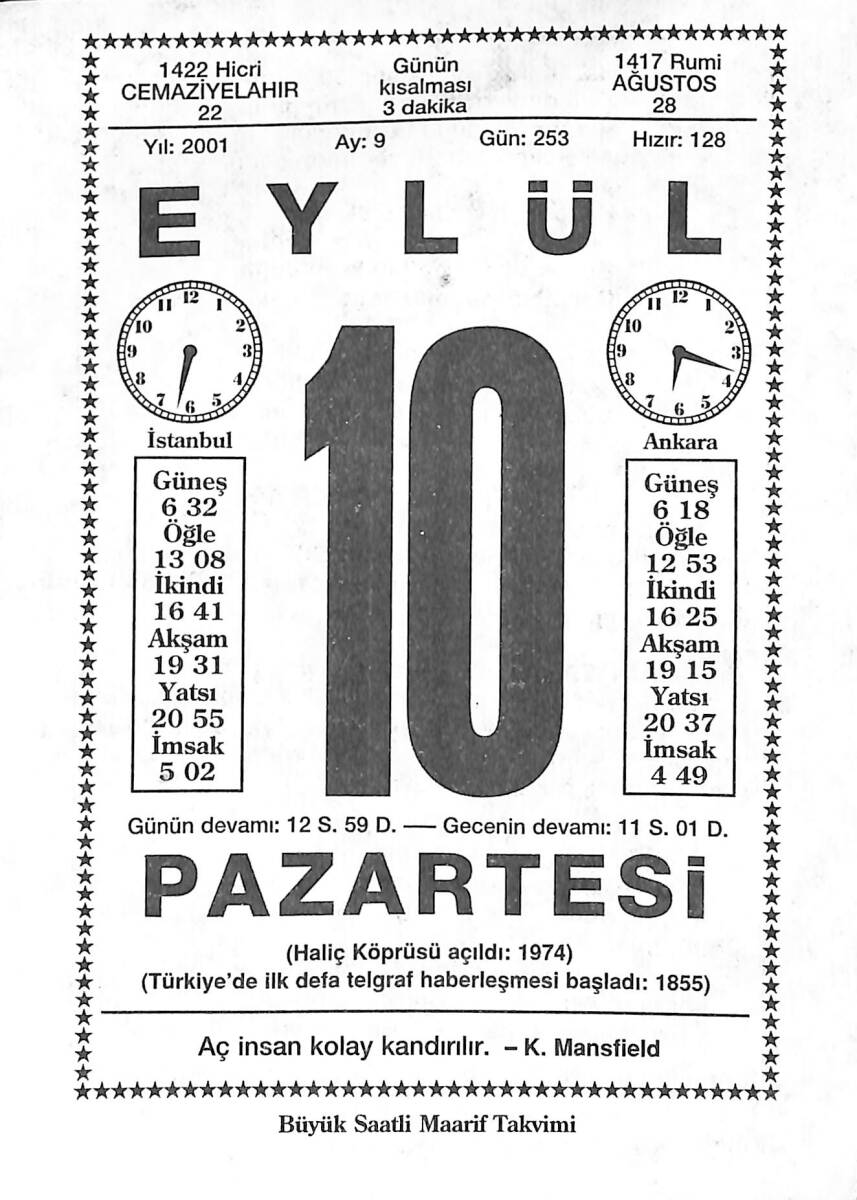 10 Eylül 2001 Takvim Yaprağı - Doğum Günü Hediyesi EFMN14189 - 1