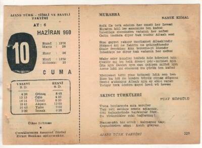 10 Haziran 1960 Ajans Türk Takvim Yaprağı (Şiirli Saatli) EFM(N)1627 - 3