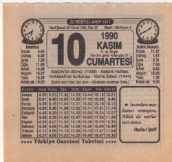 10 Kasım 1990 Takvim Yaprağı EFM(N)3924 - Gökçekoleksiyon