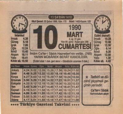 10 Mart 1990 Takvim Yaprağı EFM(N)5982 - 3