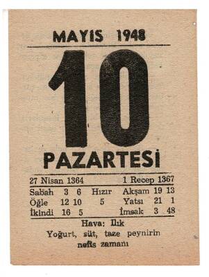 10 Mayıs 1948 Takvim Yaprağı EFM888 - 1