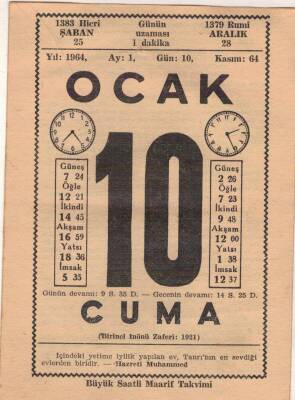 10 Ocak 1964 Takvim Yaprağı EFM(N)4534 - 1