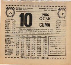 10 Ocak 1986 Takvim Yaprağı EFM(N)5028 - Gökçekoleksiyon