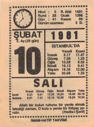 10 Şubat 1981 Takvim Yaprağı EFM(N)5418 - Gökçekoleksiyon