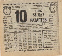 10 Şubat 1986 Takvim Yaprağı EFM(N)5221 - Gökçekoleksiyon