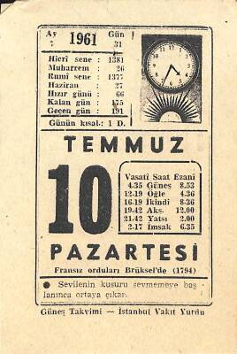10 Temmuz 1961 Takvim Yaprağı - Doğum Günü Hediyesi EFM(N)11342 - 1