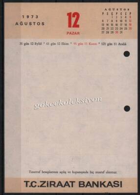 11-12 Ağustos 1973 Ziraat Bankası Takvim Yaprağı EFM630 - 2