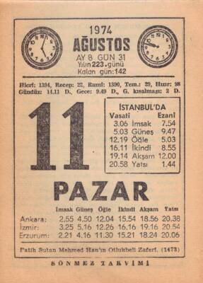 11 Ağustos 1974 Takvim Yaprağı EFM(N)2330 - 2