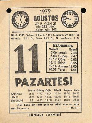 11 Ağustos 1975 Takvim Yaprağı - Doğum Günü Hediyesi EFM(N)9647 - 1