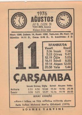 11 Ağustos 1976 Takvim Yaprağı EFM(N)2331 - 1