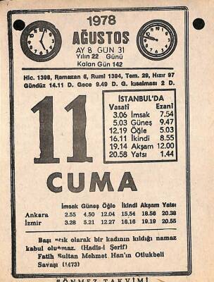 11 Ağustos 1978 Takvim Yaprağı - Doğum Günü Hediyesi EFM(N)9729 - 2