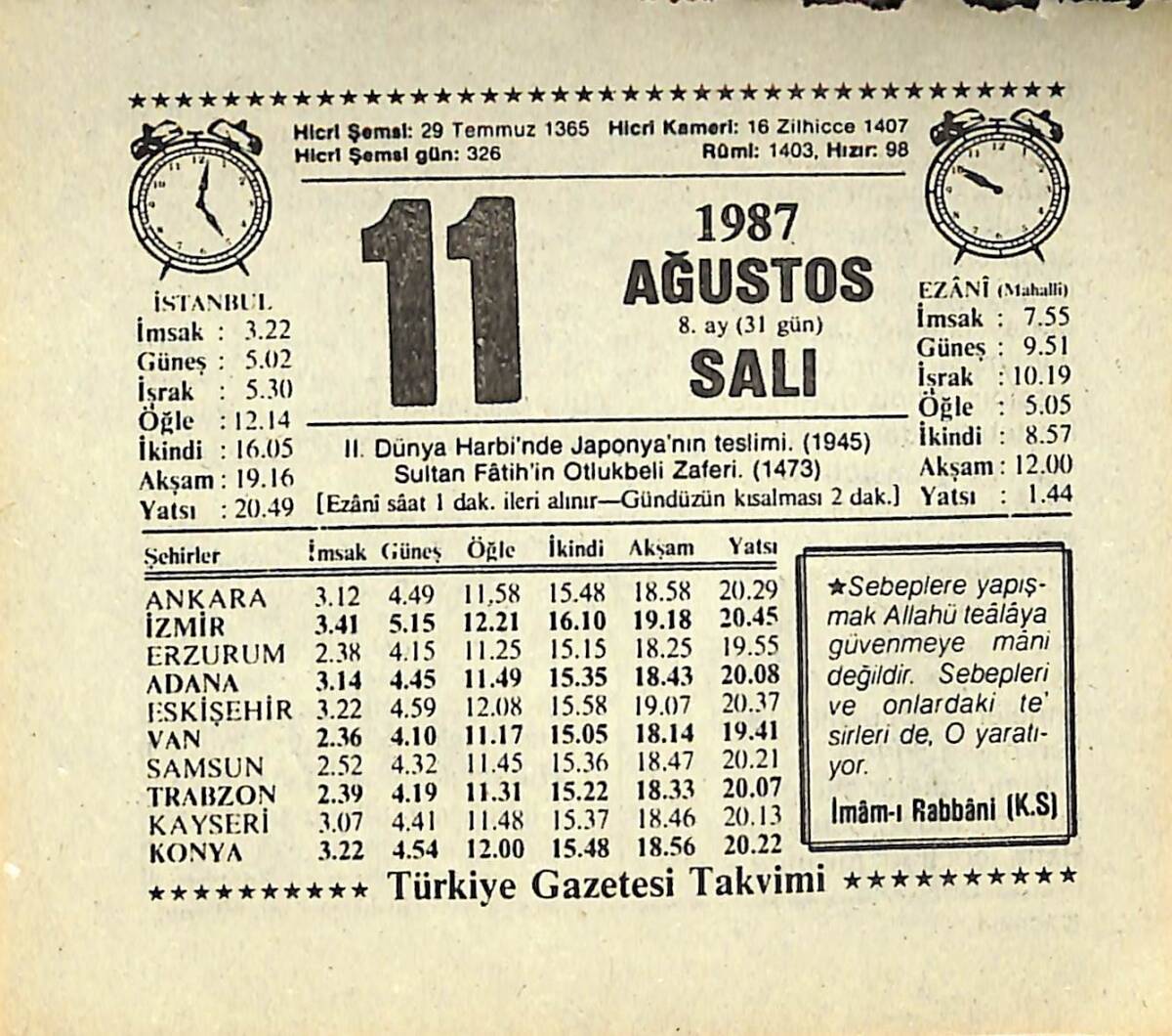 11 Ağustos 1987 Takvim Yaprağı - Doğum Günü Hediyesi EFMN13854 - 1