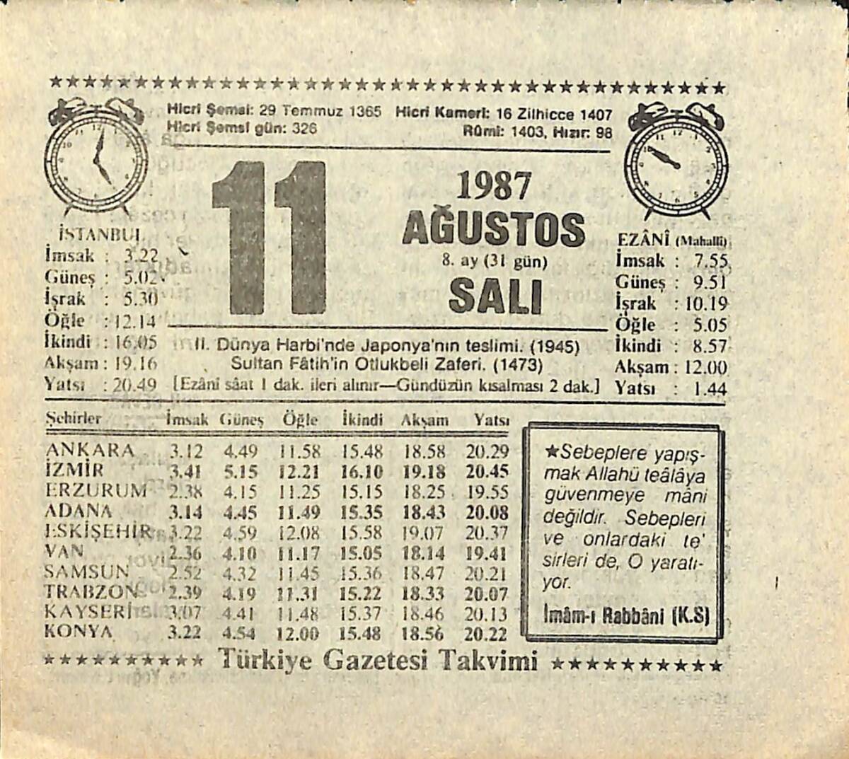 11 Ağustos 1987 Takvim Yaprağı - Doğum Günü Hediyesi EFMN13915 - 1