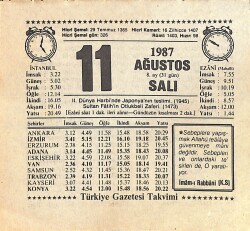 11 Ağustos 1987 Takvim Yaprağı - Doğum Günü Hediyesi EFMN15871 - Gökçekoleksiyon