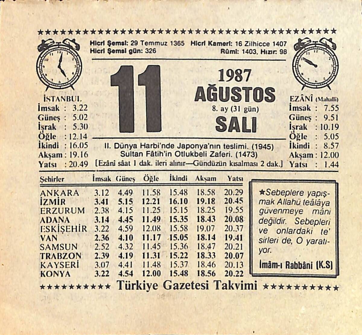 11 Ağustos 1987 Takvim Yaprağı - Doğum Günü Hediyesi EFMN15871 - 1