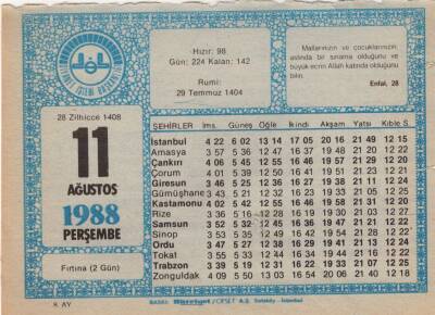 11 Ağustos 1988 Takvim Yaprağı EFM(N)2335 - 2