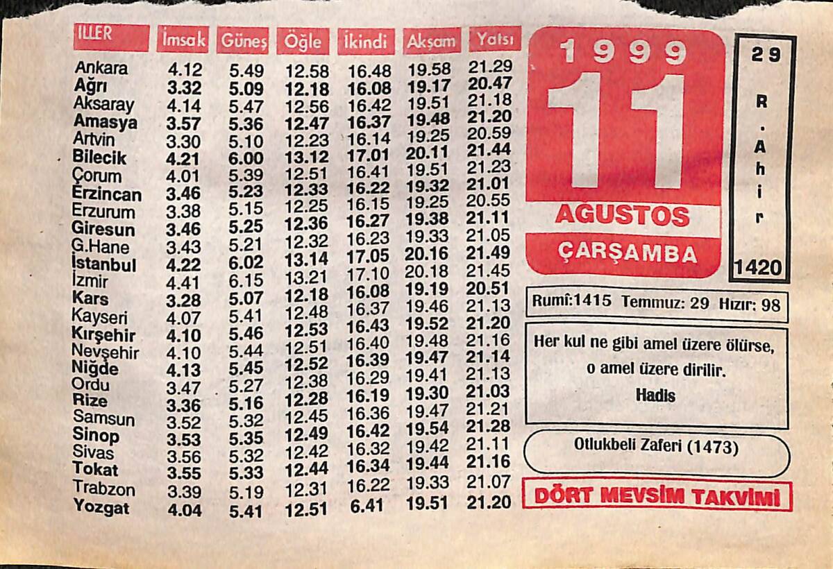 11 Ağustos 1999 Takvim Yaprağı - Doğum Günü Hediyesi EFMN14045 - 1