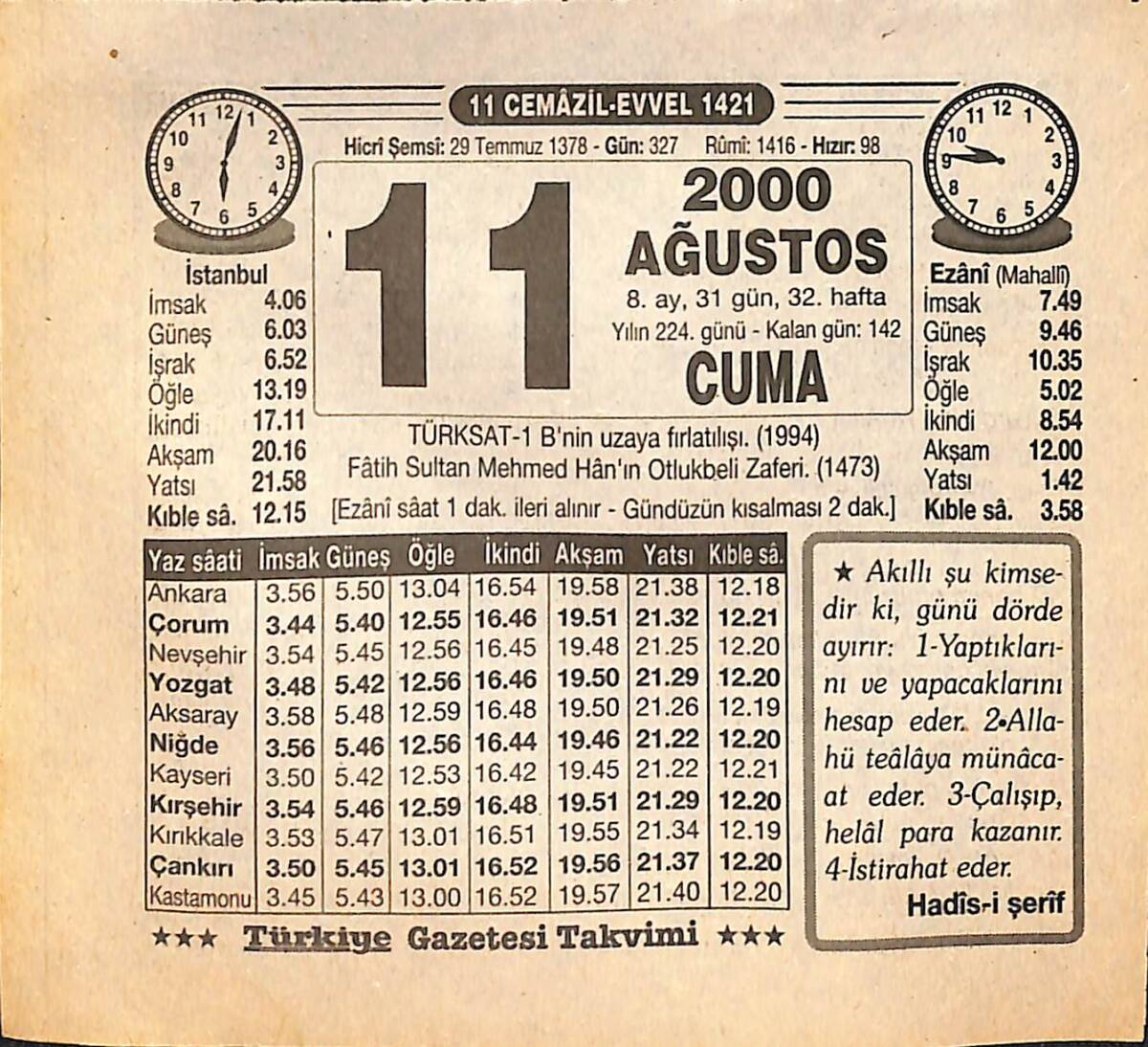 11 Ağustos 2000 Takvim Yaprağı - Doğum Günü Hediyesi EFMN14280 - 1
