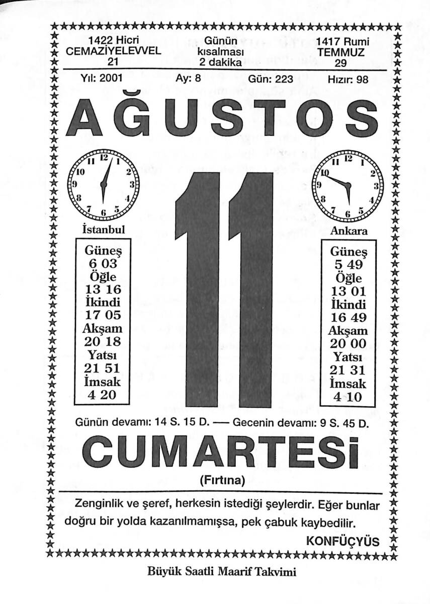 11 Ağustos 2001 Takvim Yaprağı - Doğum Günü Hediyesi EFMN14219 - 1