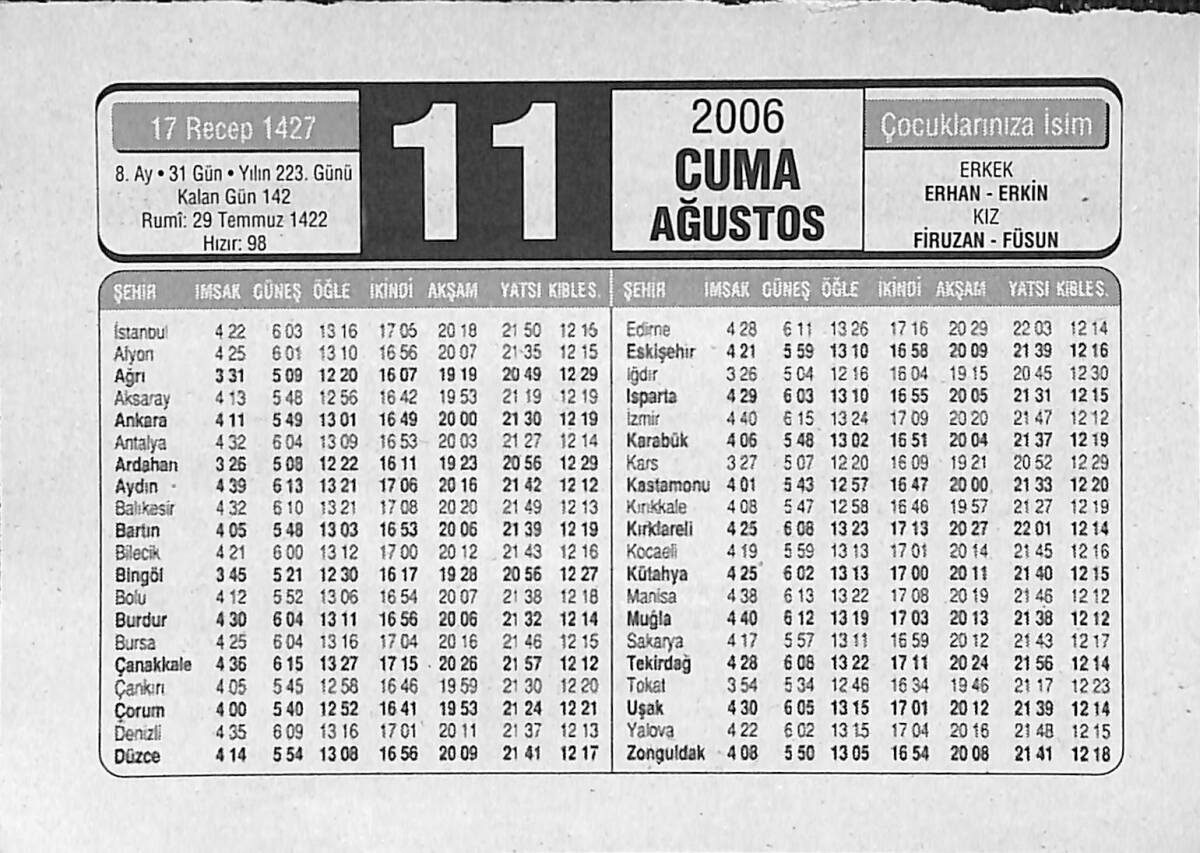 11 Ağustos 2006 Takvim Yaprağı - Doğum Günü Hediyesi EFMN14158 - 1