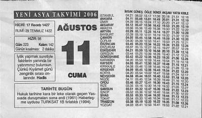 11 Ağustos 2006 Takvim Yaprağı - Doğum Günü Hediyesi EFM(N)9947 - 2
