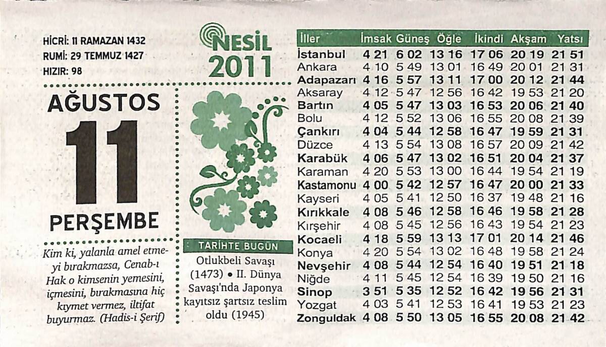 11 Ağustos 2011 Takvim Yaprağı - Doğum Günü Hediyesi EFMN14326 - 1
