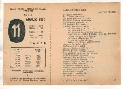 11 Aralık 1960 Ajans Türk Takvim Yaprağı (Şiirli Saatli) EFM(N) 1807 - 1