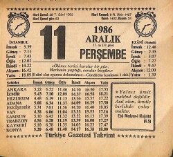 11 Aralık 1986 Takvim Yaprağı - Doğum Günü Hediyesi EFMN14862 - Gökçekoleksiyon