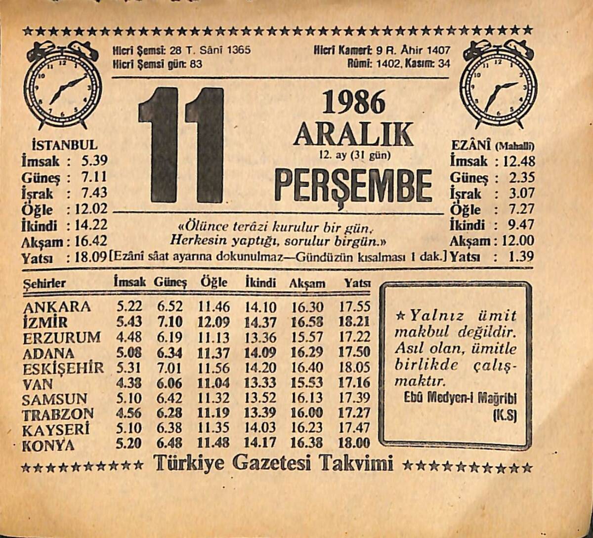 11 Aralık 1986 Takvim Yaprağı - Doğum Günü Hediyesi EFMN14862 - 1