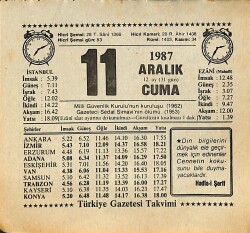 11 Aralık 1987 Takvim Yaprağı - Doğum Günü Hediyesi EFMN15000 - Gökçekoleksiyon