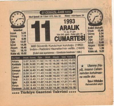 11 Aralık 1993 Takvim Yaprağı EFM(N)4232 - 3