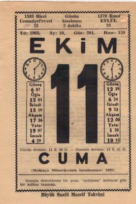 11 Ekim 1963 Takvim Yaprağı EFM(N)3536 - 2