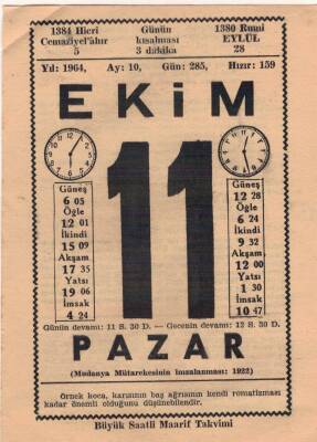 11 Ekim 1964 Takvim Yaprağı EFM(N)3535 - 3