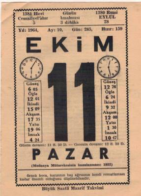 11 Ekim 1964 Takvim Yaprağı EFM(N)3535 - 1