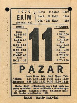 11 Ekim 1970 Takvim Yaprağı - Doğum Günü Hediyesi EFM(N)10541 - 2