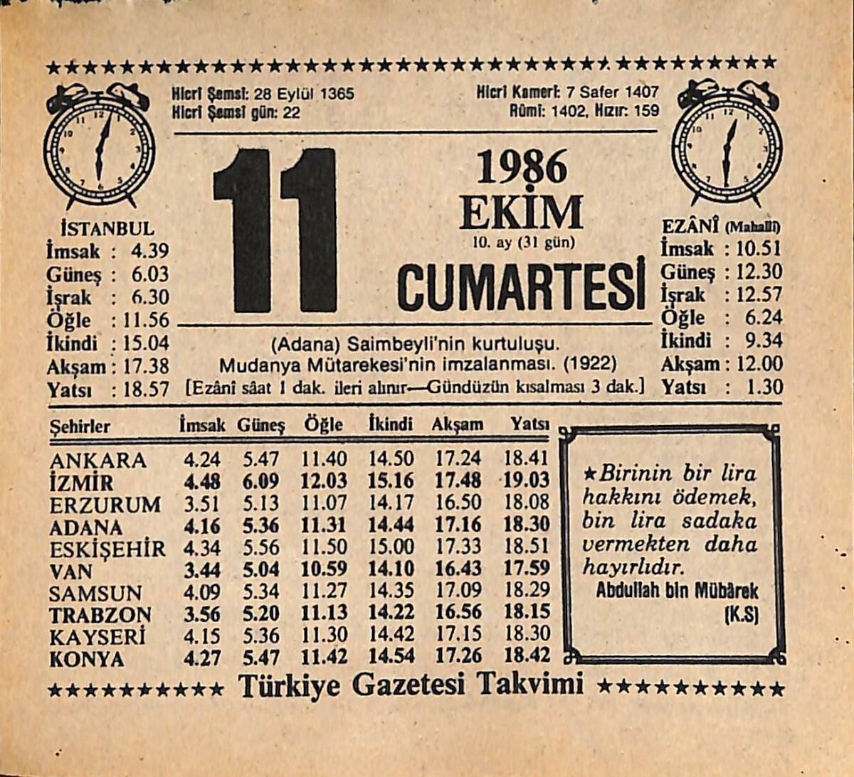 11 Ekim 1986 Takvim Yaprağı - Doğum Günü Hediyesi EFMN14920 - 1