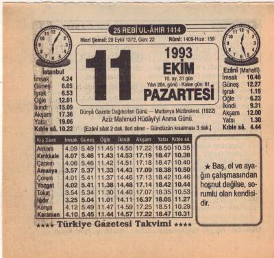 11 Ekim 1993 Takvim Yaprağı EFM(N)3167 - 3