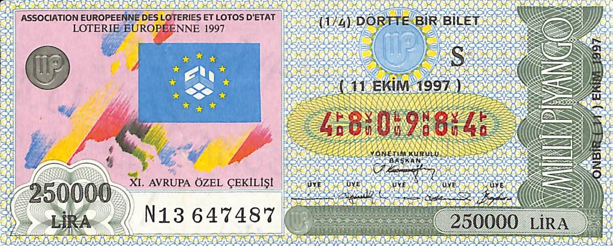 11 Ekim 1997 Piyango Bileti Dörtte Bir Bilet PYB6829 - 1