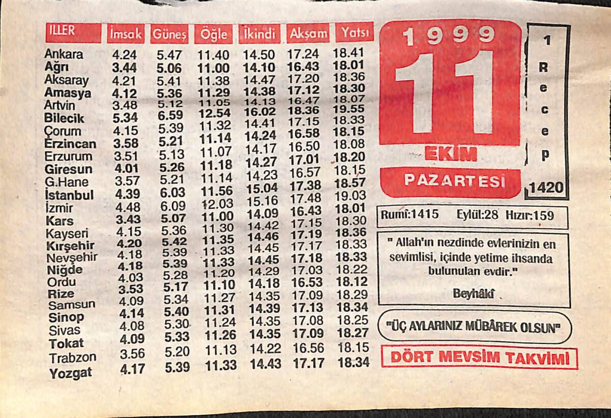 11 Ekim 1999 Takvim Yaprağı - Doğum Günü Hediyesi EFMN14076 - 1