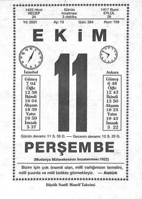 11 Ekim 2001 Takvim Yaprağı - Doğum Günü Hediyesi EFM(N)10478 - 1