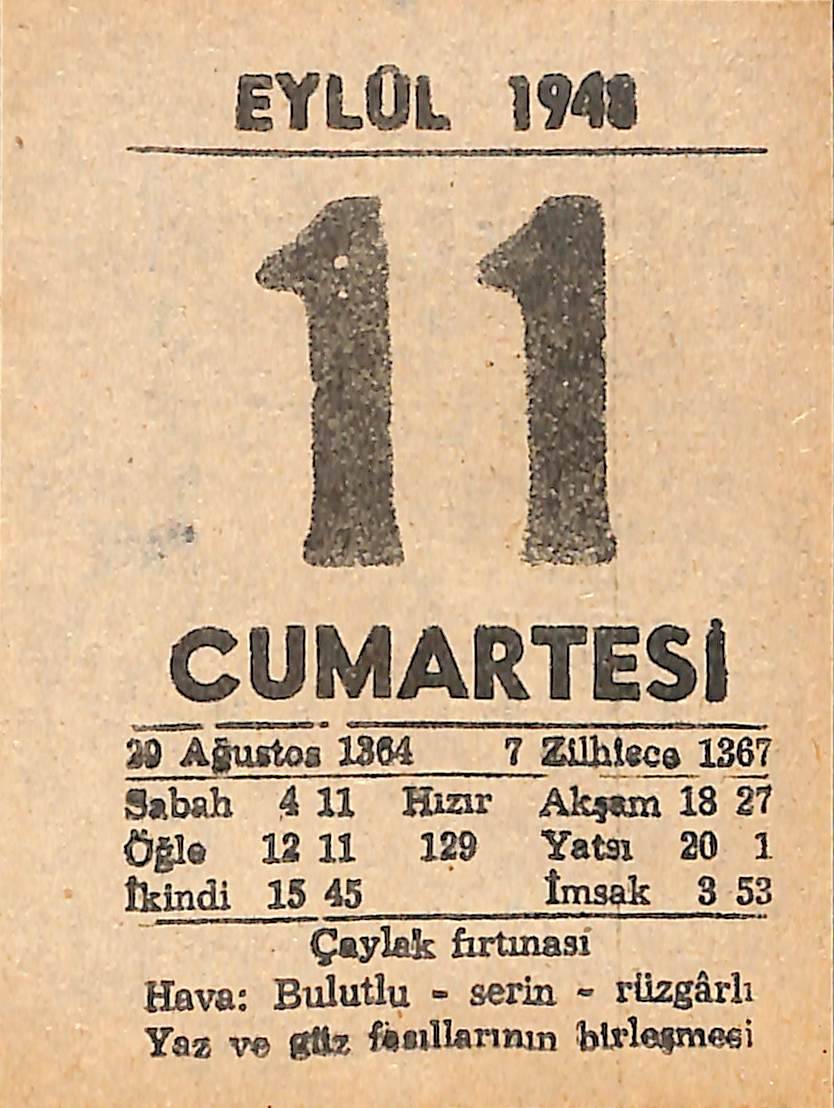 11 Eylül 1948 Takvim Yaprağı - Doğum Günü Hediyesi EFMN14396 - 1
