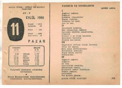 11 Eylül 1960 Ajans Türk Takvim Yaprağı (Şiirli Saatli) EFM(N) 1718 - 2