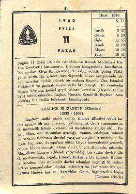 11 Eylül 1960 Takvim Yaprağı - Doğum Günü Hediyesi EFM(N)11345 - 1