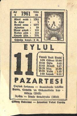11 Eylül 1961 Takvim Yaprağı - Doğum Günü Hediyesi EFM(N)11408 - 1
