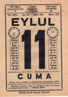 11 Eylül 1964 Takvim Yaprağı EFM(N)3610 - 3