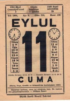 11 Eylül 1964 Takvim Yaprağı EFM(N)3610 - 1
