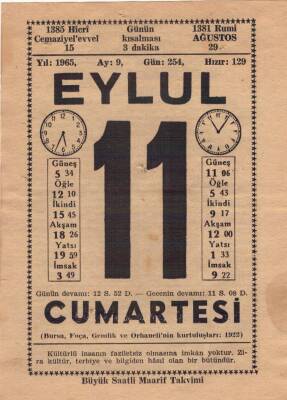 11 Eylül 1965 Takvim Yaprağı EFM(N)3609 - 3