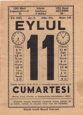11 Eylül 1965 Takvim Yaprağı EFM(N)3609 - 1