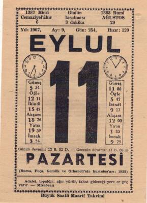 11 Eylül 1967 Takvim Yaprağı EFM(N)3611 - 2